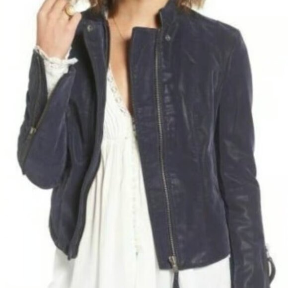 Free People Jackets & Blazers - Free People Vegan Suede Moto Jacket Womens Size 6 Navy Bikercore Street Style FP